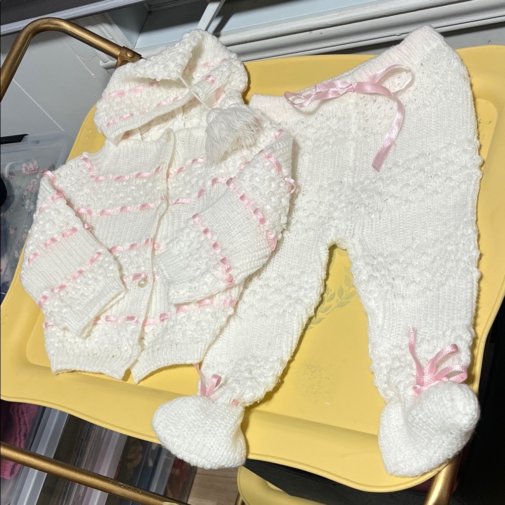Cozy White and Pink Knit Baby Two Piece Set